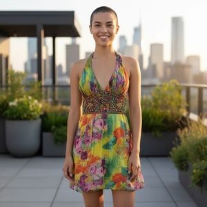 Vintage Sue Wong Y2k Silk Mandalay Style Halter Mini Dress Size 6